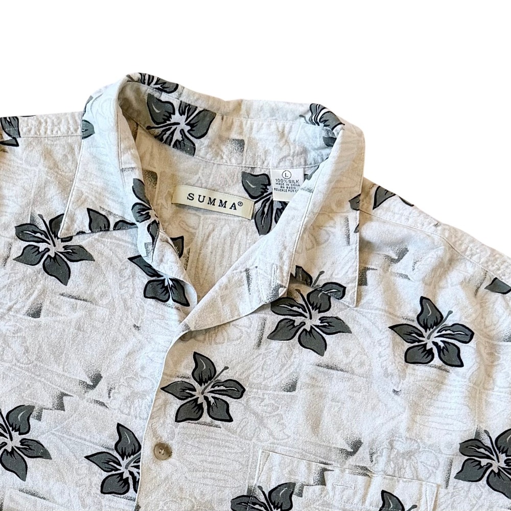 Summa Vintage 100% Silk Hawaiian Shirt Mens Large Tan Grey Floral Y2K Beach L
